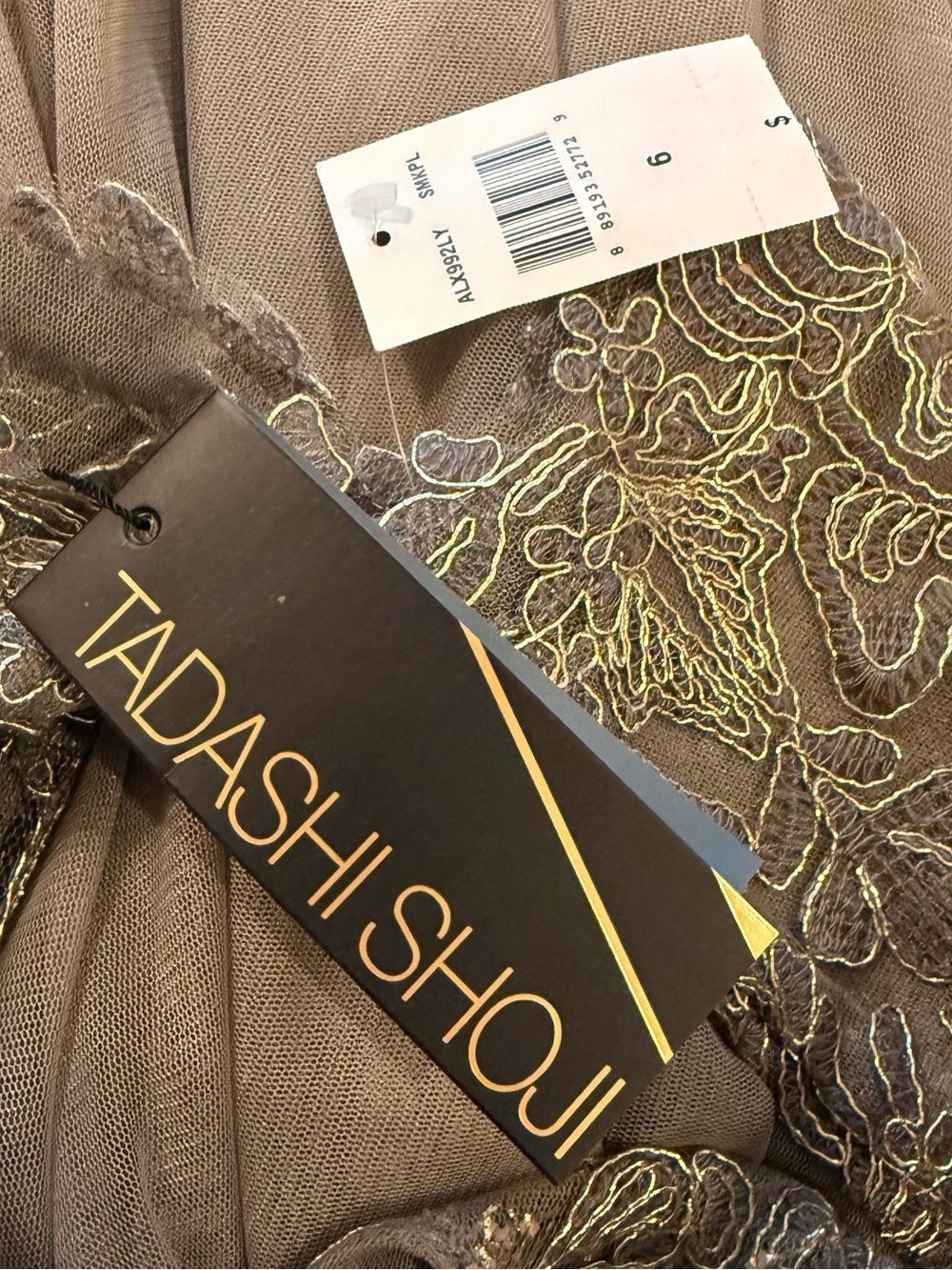Tadashi Shoji Long Dress Women’s 6 Lace 3/4 Sleeves Belted Taupe Gold Modest NWT - Picture 13 of 14